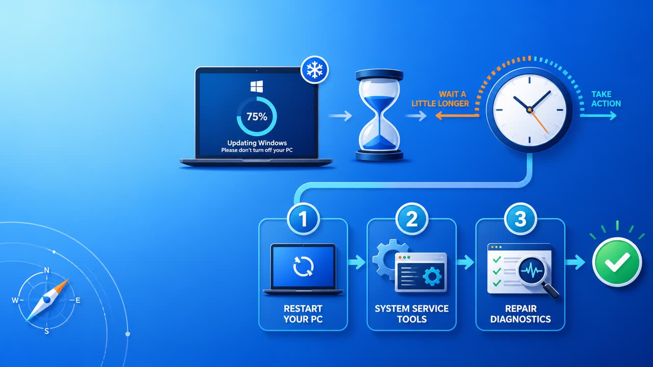 Windows 更新卡住怎么办：等待判断与三步处理